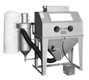 MM4224S Suction Blasting Cabinet shown with optional Abrasive Separator and Filter Bag