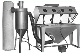 MM6024S Suction Dry Blasting Cabinet shown with Abrasive Separator and Filter Bag