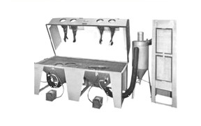 Suction Dry Blasting Cabinet shown with dual 600 CFM Abrasive Separators and dual Enclosed Dust Collectors